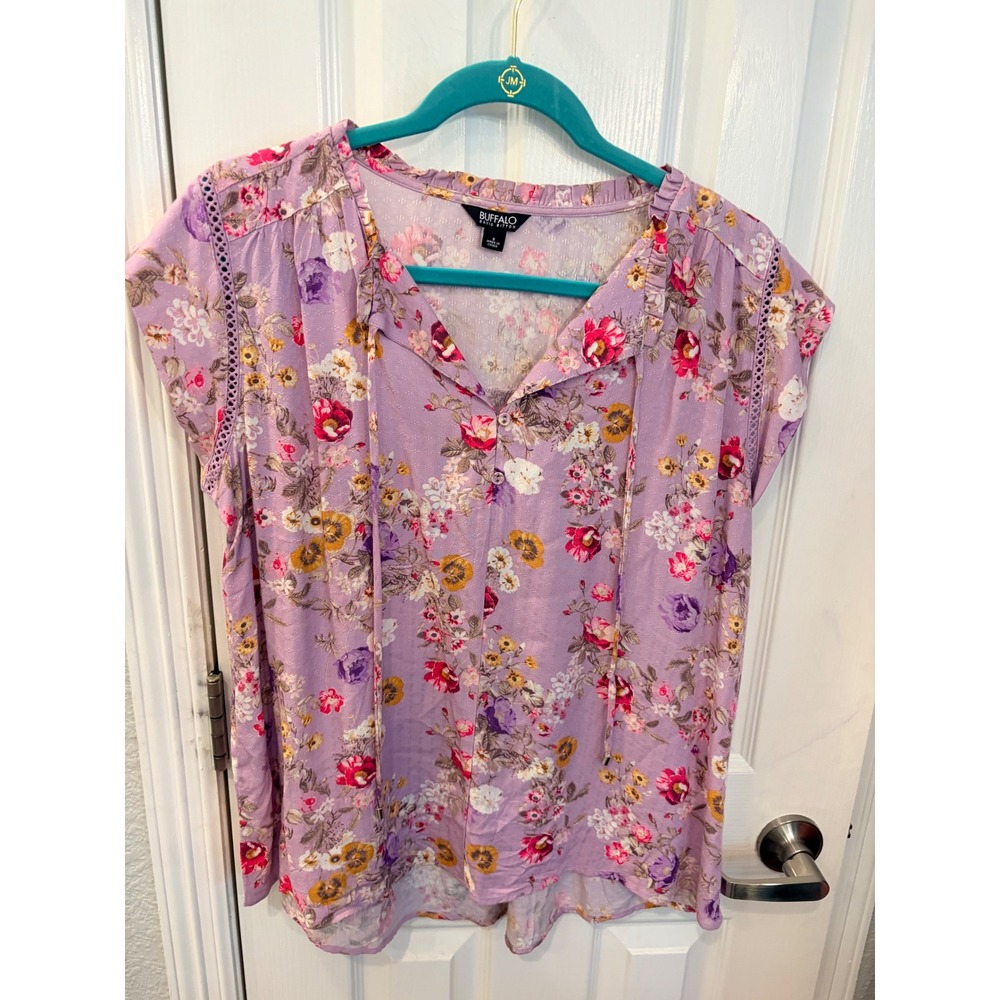 Buffalo David Bitton Blouse Purple Floral Cap Sleeve Crochet Lace Boho Top